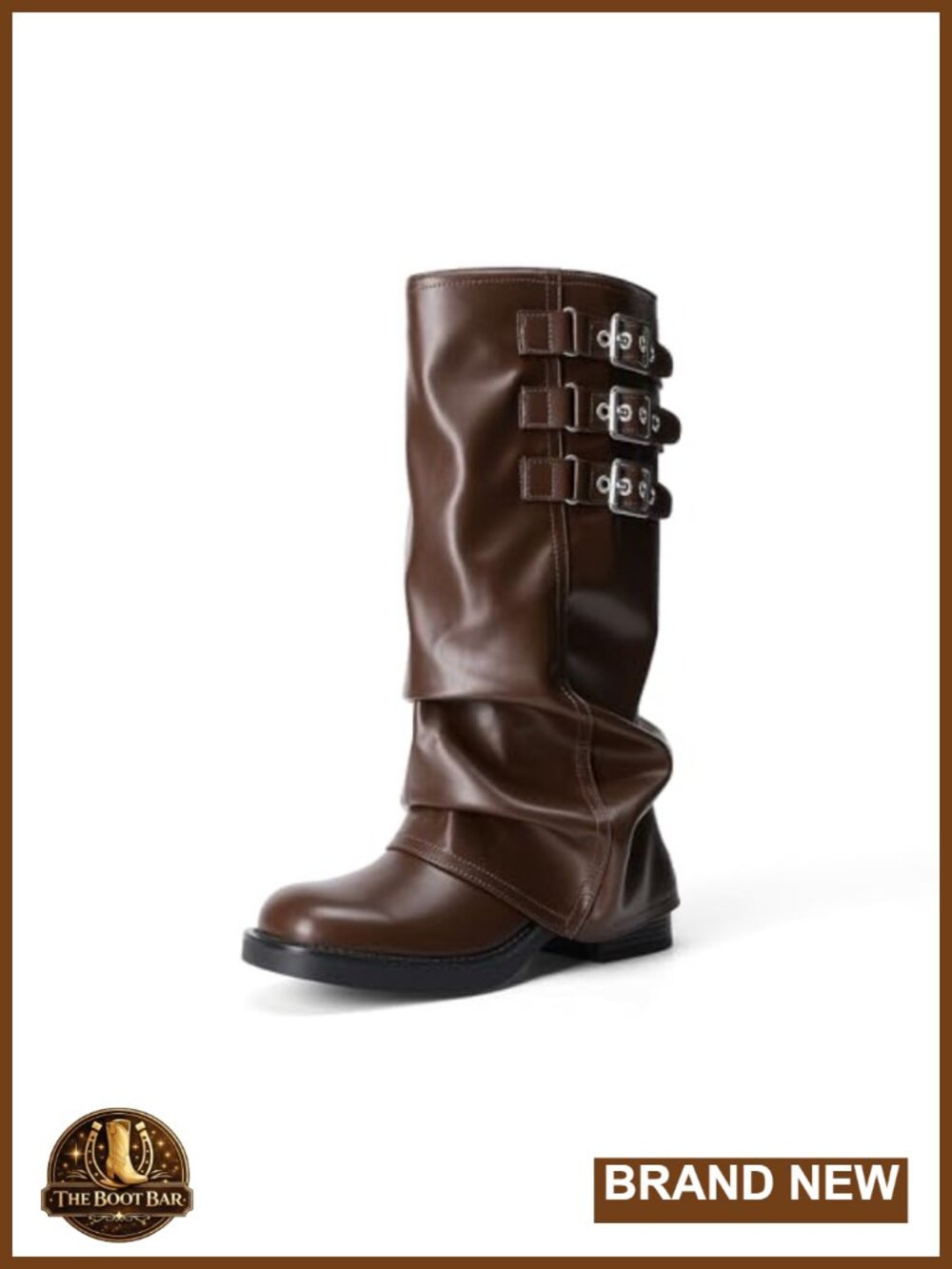 Faux Leather Fold-Over Knee High Boots with Buckles, Square Toe